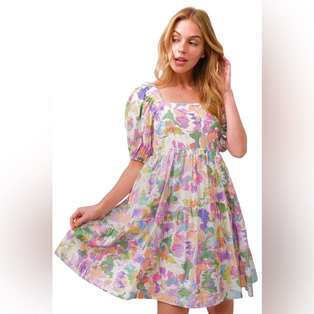 Andthewhy Womens Square Neck Puff Sleeve Tiered Floral Babydoll Dress Medium